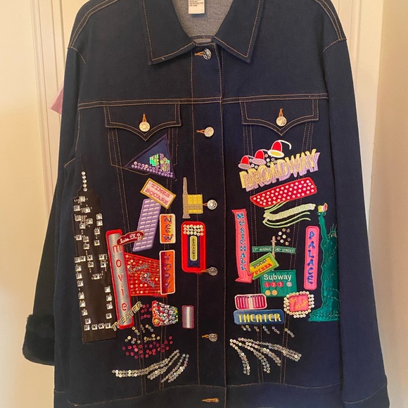 Diane GilmuColorful Embellished Denim Jacket NYC themed L - Picture 3 of 13